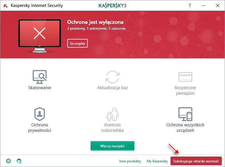 Kliknij Subskrypcja utraciła ważność w głównym oknie Kaspersky Internet Security.